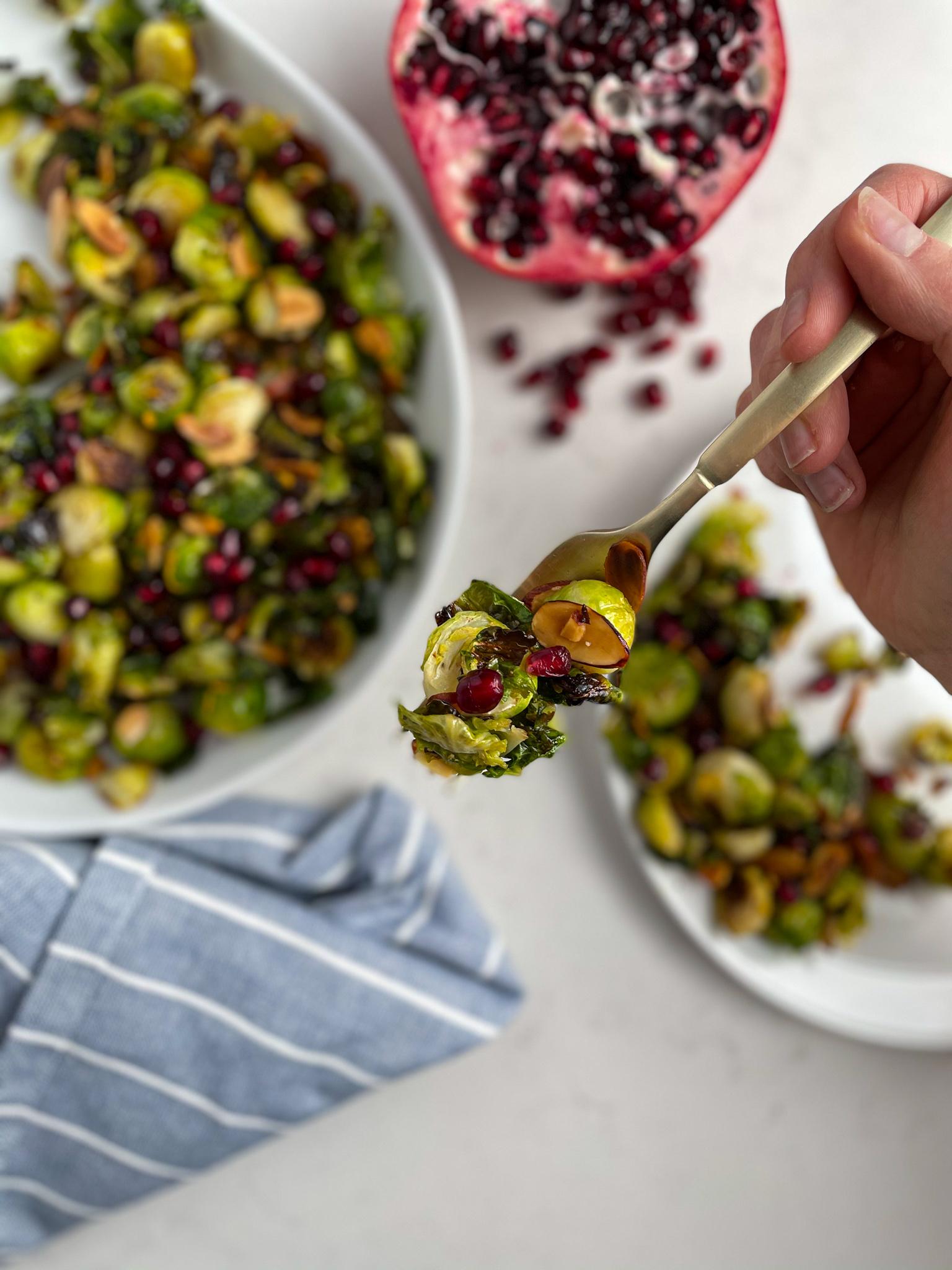 Roasted Brussels Sprouts with Pomegranate Seeds and Almonds
